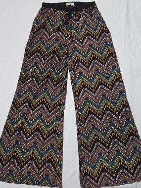 Wide-Leg Flare Chevron Print Boho Pants - Black Multicolor
